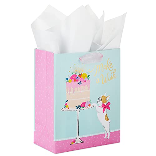Image of Hallmark 9 inch Medium Birthday Gift Bag with Tissue Paper (Make a Wish Cake and Pug Puppy)