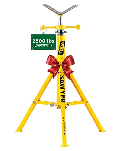 Image of Sawyer Mfg Company Folding V Head Pipe Stand - Heavy Duty Steel Tripod Welding Jack Stand for Pipe Support, Threading, Grooving & Cutting - Adjustable Height 28" to 52" - Portable, Compact & Durable