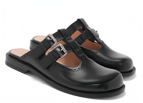 Flats Mules for Women Round Toe Low Heel Sandals Baotou Double Belt Buckle Mary Jane Flat Slip-on Backless Comfortable Casual Walking Dress Party Soft Shoes3