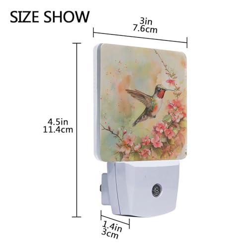 Image of Flower Hummingbird Night Lights 2 Pack Plug-in Wall Led Nightlight Auto Dusk-to-Dawn Sensor Lamps for Bedroom Kitchen Bathroom