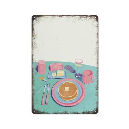 Breakfast Wall Art Food Drawing Pancakes Brunch Poster Metal Tin Sign Plaque Poster Vintage Culture Wall Decor Aluminum Garden Restaurant Living Room Bedroom Gift 8 * 5.5 inch
