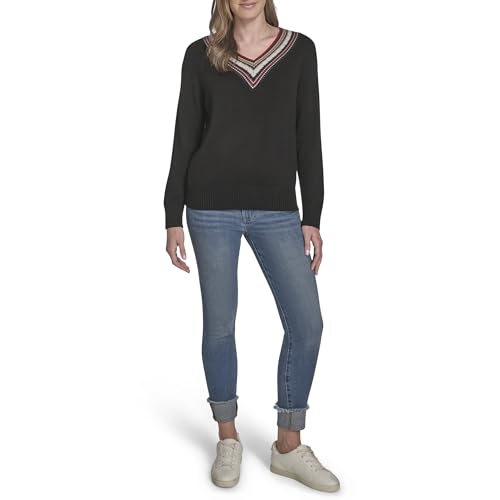 Tommy Hilfiger Women's Solid V-Neck Pullover Tipped Sweater2