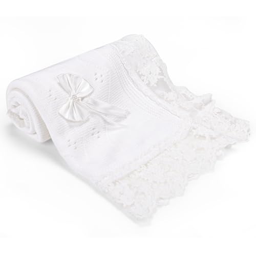 Image of Baby Blanket White Lace Knitted Crochet Towel Baptism Christening First Communion Gifts for Girls Receiving Blankets for Neutral Newborns Toddler