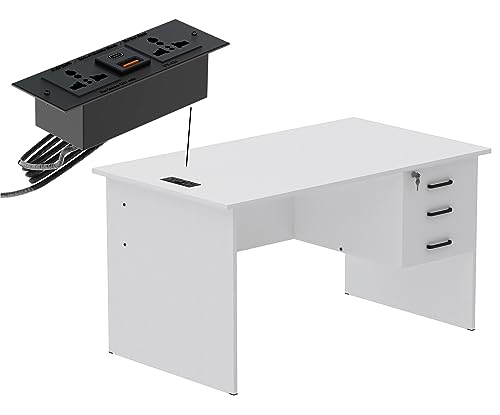 Mahmayi MP1 140x80 Writing Table with Hanging Pedestal attached Black BS01 Desktop Socket with USB AC Port for Office, Home, and Meeting Room - White
