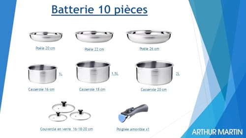 Arthur Martin, Set de Cuisine 10 pièces en Acier Inoxydable - 2 Poêles (24-26 cm), 3 Casseroles (16-18-20 cm), 3 Couvercles en Verre, 1 Ustensile en Nylon, Tous Feux Induction, Pratique et Ergonomique – Image 3