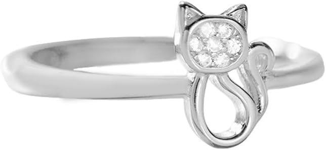 Sterling Silver Cat Adjustable Ring for Women Dainty Cute CZ Crystal Kitten Animal Promise Engagement Statement Open Wrap Finger Rings Christmas Wedding Holiday Party Jewelry Gift for Pet Lover