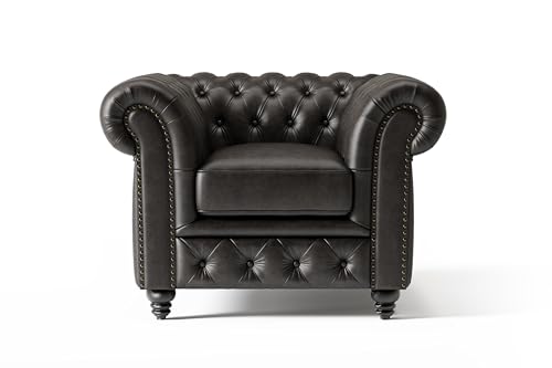 Sillón clásico negro de cuero con respaldo capitoné miniatura 5