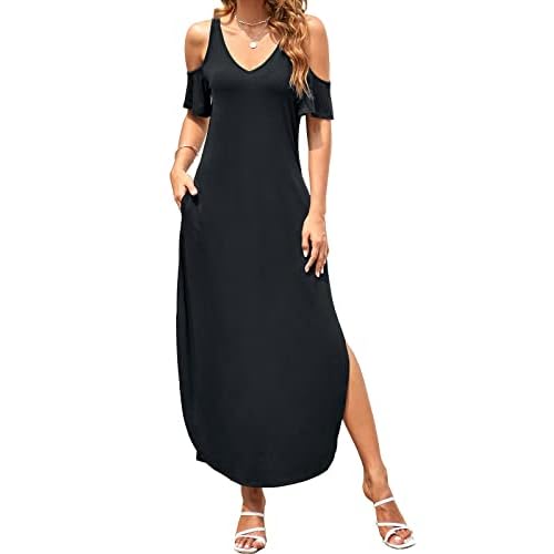 HUSKARY Women's Summer Maxi Dresses V Neck Cold Shoulder Short Sleeve Casual Loose Long Split Dress with Pocket Large Black