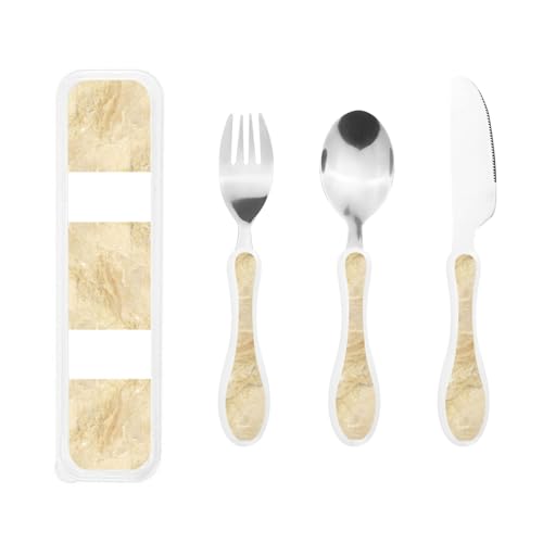 Decorator Beige Granite Stone Look Kids Utensil Set, Knife Fork Spoon with Storage Box for Parties and Daily Use 
