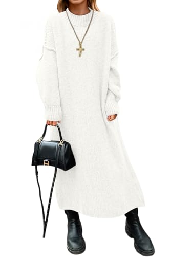 Saodimallsu Womens Oversized Sweater Dress Mock Neck Long Sleeve Casual Warm Chunky Knit Fall Winter Maxi Dresses White