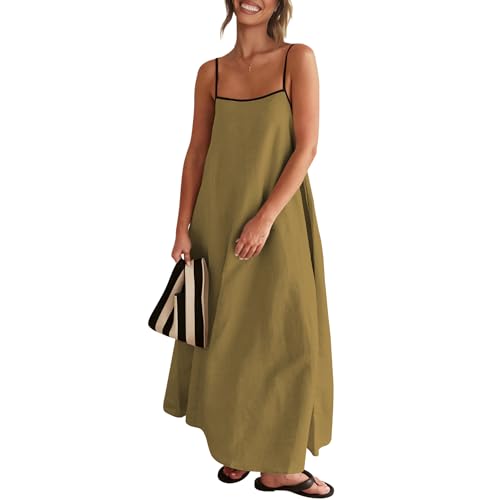 Senllen Women's Linen Dress Summer Loose Flowy Sundress Contrast Spaghetti Strap Sleeveless Backless Beach Maxi Long Dresses