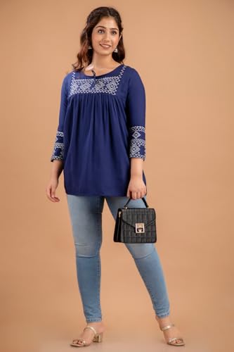 Image of Avayayat Short Kurti for Women | Embroidered Straight Rayon Kurta | Round Neck Full Sleeves Short Kurti for Women's