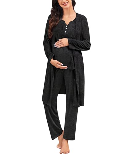 Image of SWOMOG Maternity Nursing Pajamas Set 3 Piece Breastfeeding 3 in 1 Labor Delivery Sleevless Tops Long Pants Pregnancy Pjs