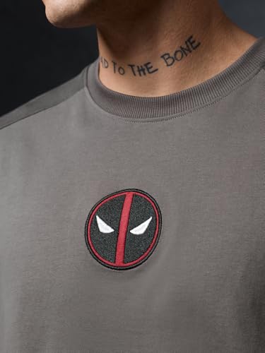 Image of The Souled Store Deadpool: Logo Men and Boys Short Sleeves Round Neck Grey Embroidered Casual Streetwear Lightweight Cotton Oversized T-Shirt
