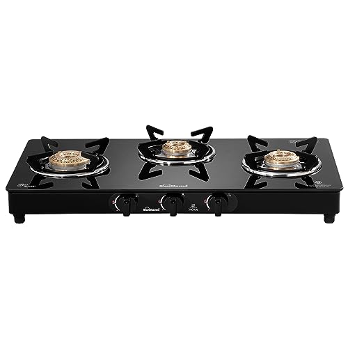 Sunflame Crystal Nova 3 Burner Gas Stove | 1 Jumbo, 1 Medium and 1 Small Brass Burner | 2 Years Product Coverage | Dual Drip Trays | Manual Ignition  | Toughened Glass Top | PAN India Presence 