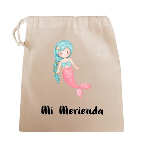 Bolsa para merienda o almuerzo Infantil - Ecológica y reutilizable .Tela de algodón 100% natural. Dos estampados infantiles a elegir : (Dinosaurio o Sirenita) Ideal para Niños y Niñas. (SIRENITA)