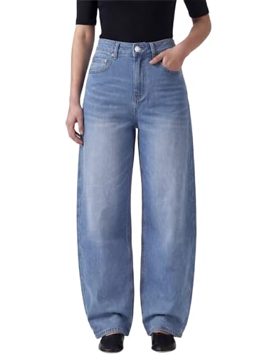 Image of Chasehot Barrel Jeans for Women Petite 28 Inch Inseam High Waisted Stretchy Trendy Wide Leg Sweatpant Jeans Vintage Relaxed Fit Baggy Boyfriend Cute Ladies Denim Pants, Soft Washed Blue-Size 24