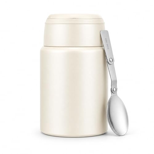 Image of Insulated Food Jar with Folding Spoon | 304 Stainless Steel Lunch Pot, Leak Resistant Wide Mouth Thermos for Hot & Cold Food | Soup Container for Office Travel (550ml, White)