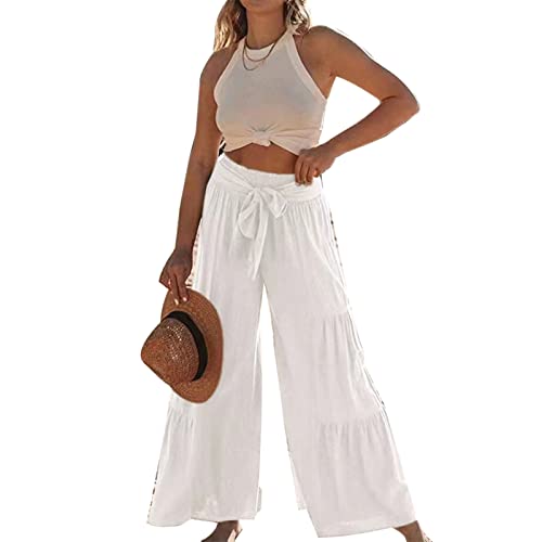 Long Ruffle Trousers, Stylish Ruffle Hem Pants Casual Fit Tie Wide Leg for Party (XL) White2