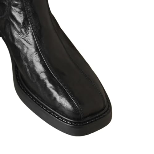 Women's Handmade Genuine Leather Square Toe Retro Chunky Heel Elastic Bond Chelsea Booties2