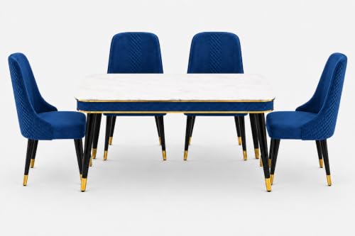 Image of WOODEN SPACE Majestic 4 Seater Wooden Dining Table Set | Urban Marble Top Dining Table with Chairs for Dining Room & Kitchen (Modern Vento Navy Blue) (54 x 36 x 30 inch)
