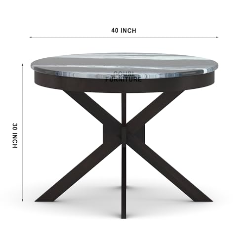 Image of Wooden Dining Table Set 4 Seater with Top Glossy Finish | Round Four Seater Dinner Table with 4 Chairs Solid Wood Dining Room Sets for Hotel Restaurant (DIY) Self Customer Assembly (Walnut, Sheesham)