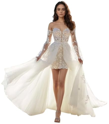 Yuxin Short Wedding Dresses for Bride 2025 Beach Mermaid Lace Tulle Long Sleeve Bridal Gowns 088