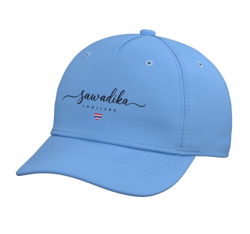 Sawadika Thai Greeting Thailand Flag Heart Hello in Thai Adjustable Printed Baseball Hat, Light Blue