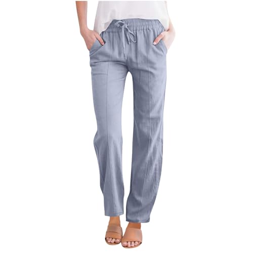 Women's Straight Leg Pants Cotton Linen Blend Casual Trousers with Tie Waist for Spring Solid Color High Waist 2025