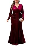 ZOMVA Plus Size Velvet Wrap Dress Long Sleeve V Neck Mermaid Maxi Formal Evening Gowns for Wedding Guest Cocktail Party, Burgundy, 4X