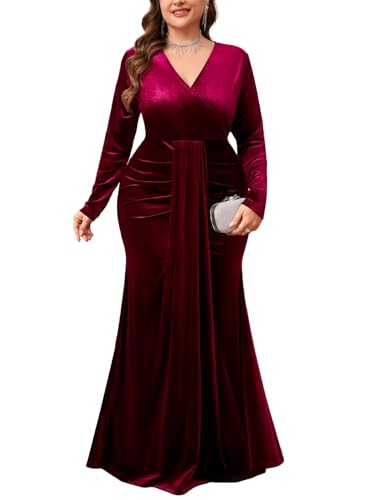 ZOMVA Plus Size Velvet Wrap Dress Long Sleeve V Neck