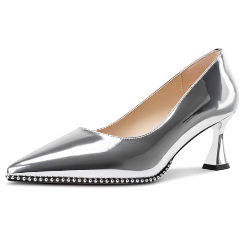 Image of TNYNFBEB Womens Mid Kitten Heel Pointed Toe Pumps Slip-on Silver Beaded Prom Party Dress Patent Leather 2.6 Inches Heels
