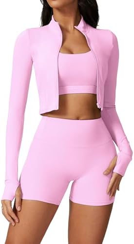 Workout Sets for Women 3 Piece Long Sleeve Zip Up Jacket, Sports ...