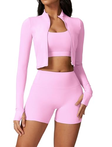 Workout Sets for Women 3 Piece Long Sleeve Zip Up Jacket, Sports Bra, High Waisted Yoga Shorts Gym Athletic Sets Pink XS