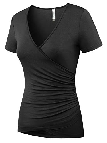 Beauhuty Women's Top Deep V Neck Slim Fitted T-Shirt Front Wrap Ruched Short Sleeve Tee2