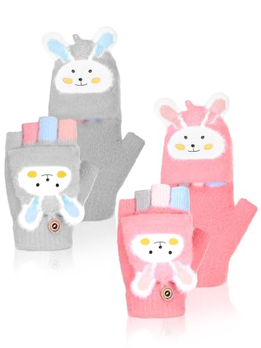 SATINIOR 2 Pairs Winter Kids Fingerless Gloves Toddler Finger Mittens Knit Convertible Half Finger Mitten Flap Aged 3-10(Grey, Dark Pink,Rabbit)