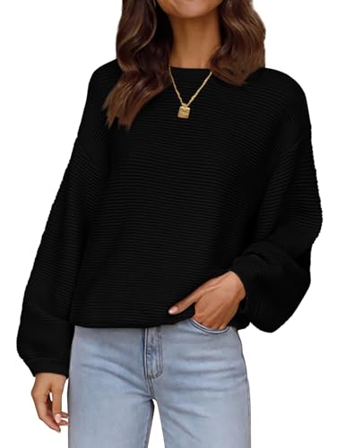 PRETTYGARDEN Womens Fall Sweaters 2024 Casual Loose Crewneck Ribbed Long Sleeve Top Knit Pullover Sweater (Black,Medium)