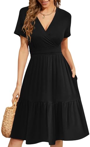 Image of Women's Casual Summer Dress V Neck Short Sleeve Flowy Stretchy Comfort Fit for Daily Wear Work Midi Dresses