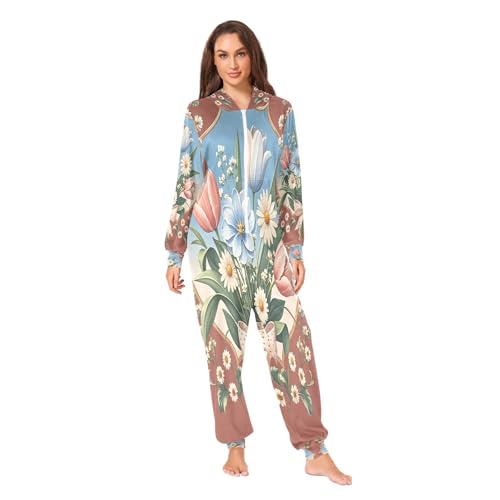 Nexawaveo Pijama enterizo de forro polar ultrasuave para adultos y mujeres, con capucha y bolsillo, Ramo artístico marrón, Medium