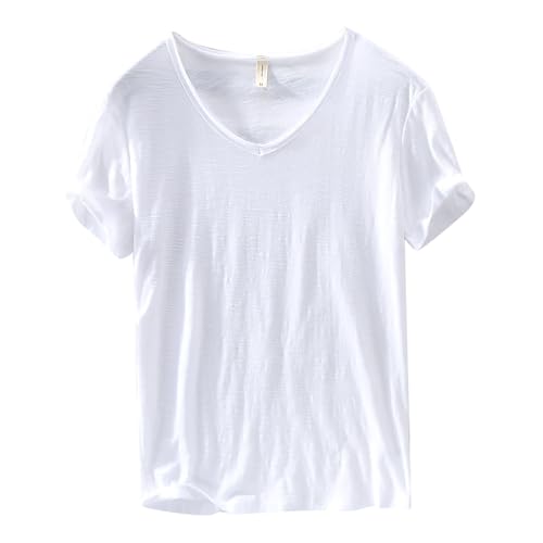 Image of T Shirts for Men UK Short Sleeve V Neck Gym T Shirts Men Lightweight Soft Breathable T-Shirts Easy Care Comfortable Summer Tops Moisture Wicking Training Hiking Workout Athletic Tee Shirt White