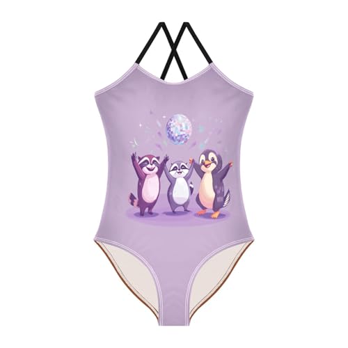 Raccoon Penguin Lilac Girls Swimsuit Bathing Suit Summer Beach Swimwear One Piece Swimsuits