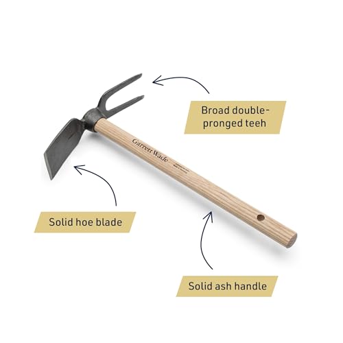 Kings County Tools Hoe Garden Tool - 18” Double-Sided Carbon Steel Garden Hoe and 2-Prong Cultivator - Multipurpose Tiller, Seeding, Planting and Weeding Tool - Hand Gardening Tools