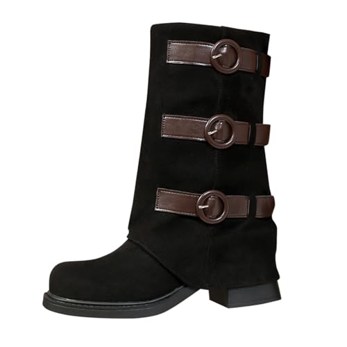 Bottes mi-mollet daim à talon bloc triple boucle robuste et élégante