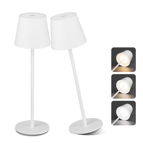 Aipsun 2 Stück Tischlampe Kabellos Weiß, LED akku Tischleuchte, 6000mAh, Dimmbar Touch Akku Tischleuchte, Warmweiß(2700k-6000k), IP54,Outdoor Tischlampe für Restaurant, Schlafzimmer, Bar