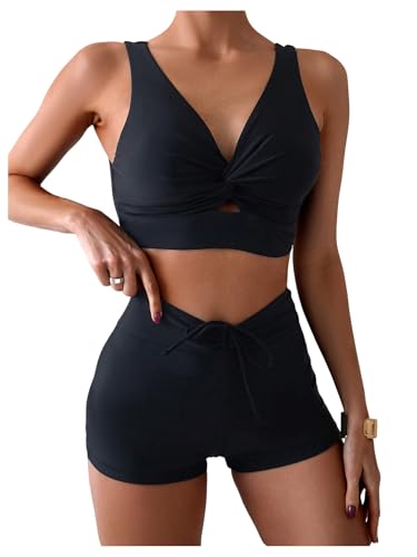 GORGLITTER Women's High Waisted Swimsuit Bikini Top with Shorts V Neck Twist Front Cut Out 2 Piece Swimwear Black Medium