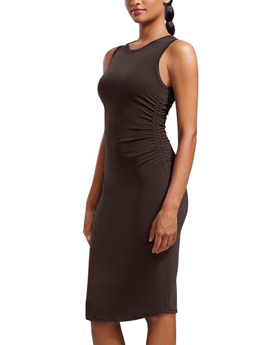 Image of CRZ YOGA Butterluxe Ruched Midi Casual Dress | Removable Pads, Extremely Soft, Bodycon, Crewneck, Party, Sleeveless, Pencil, Outfits for Women