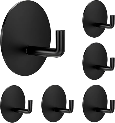 Image of JD Fresh 6 Pcs Self-Adhesive Stainless-Steel Wall Hooks for Hanging /Heavy Duty Waterproof Wall Hangers /Without Drill Sticky Hooks on Hold Coats, Keys, Towels and Kitchen Utensils (J-Hook, Black-Round)