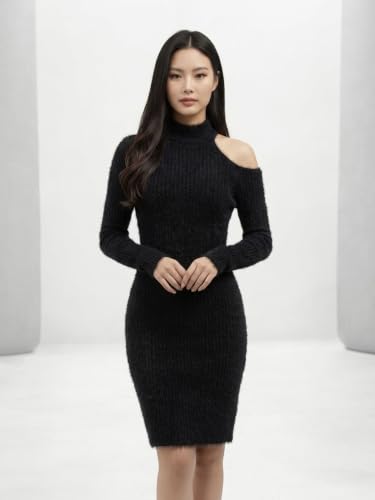 Image of Women Ribbed Knit Bodycon Dress with Asymmetrical Cut Out Neckline Premium Boutique Single Piece Long Sleeve Winter Midi Dress Unique One of One Limited Availability Grey