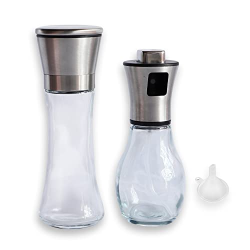 IRONXCO 200 ml Oil Sprayer and 200 ml Grinding Bottle Set of 2, with 18/10 Stainless Steel Head and Glass Bottle Body, Clean and Durable, Use for Cooking, Baking, BBQ etc