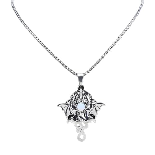 Collier pierre de lune homme pendentif sorcière dragon de feu bijou couleur argent